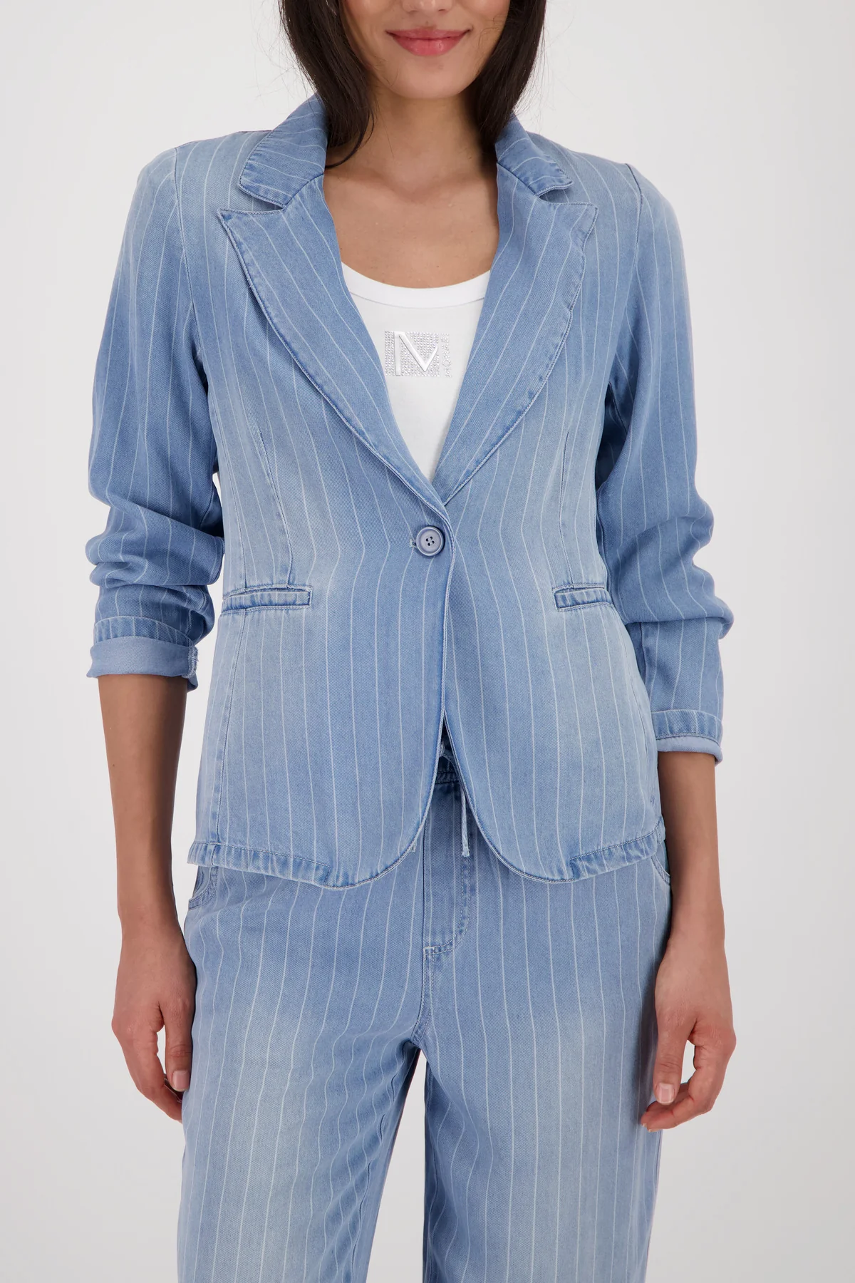 Jeansblazer mit Streifen und Schulterpolstern - Image 2